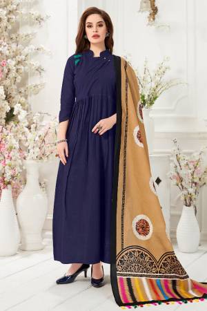 Celebrate This Festive Season With Beauty And comfort Wearing This Readymade Gown In Navy Blue Color Paired With Beige And Multi colored Digital Printed Dupatta. This Gown Is Fabricated On Cotton Slub Paired With Chanderi Cotton Dupatta.