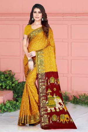 Celebrate This Festive Season Wearing This Pretty Saree In Musturd Yellow Color. This Saree And Blouse Are Silk Based Beautified With Prints. Also It Is Light In Weight Which Is Perfect For Festive Wear. Buy Now.