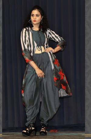 Add This Designer Readymade Indo-Western Set You Wardrobe In Grey Color. This Set Contains Is Blouse And Dhoti Paired With A Lovely Printed Jacket. This Pretty Dress Is Fabricated On Rayon Which Is Soft Towards Skin And Easy To Carry All Day Long. 