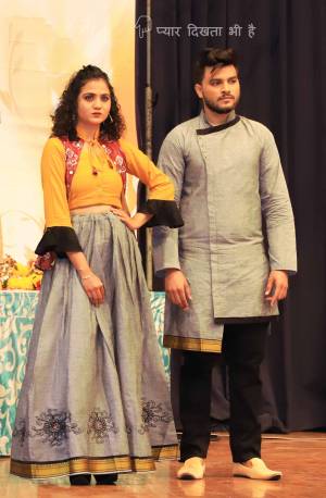 Grab This Special Combo Of Men And Women In Grey And Musturd Yellow Color Which Is Fully Stitched And Available In All Regular Sizes. In This Combo You will Be Getting A Lehenga & Choli With Matching Men's Wear Kurta. All Three Pieces Are Fabricated On Khadi Cotton Which Is Light Weight, Durable And Easy To Carry Throughout The Gala. Buy Now.