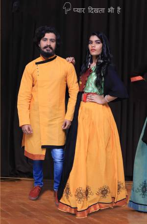 Grab This Special Combo Of Men And Women In Yellow And Black Color Which Is Fully Stitched And Available In All Regular Sizes. In This Combo You will Be Getting A Lehenga & Choli With Matching Men's Wear Kurta. All Three Pieces Are Fabricated On Khadi Cotton Which Is Light Weight, Durable And Easy To Carry Throughout The Gala. Buy Now.