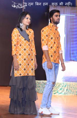 Grab This Special Combo Of Men And Women In Orange And Grey Color Which Is Fully Stitched And Available In All Regular Sizes. In This Combo You will Be Getting A Kurti And Sharara With Matching Men's Wear Shirt. All Three Pieces Are Cotton Based Which Is Light Weight, Durable And Easy To Carry Throughout The Gala. Buy Now.