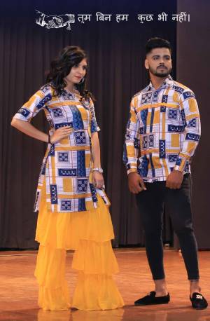 Grab This Special Combo Of Men And Women In Blue And Yellow Color Which Is Fully Stitched And Available In All Regular Sizes. In This Combo You will Be Getting A Kurti And Sharara With Matching Men's Wear Shirt. All Three Pieces Are Cotton Based Which Is Light Weight, Durable And Easy To Carry Throughout The Gala. Buy Now.