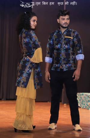 Grab This Special Combo Of Men And Women In Navy Blue And Beige Color Which Is Fully Stitched And Available In All Regular Sizes. In This Combo You will Be Getting A Kurti And Sharara With Matching Men's Wear Shirt. All Three Pieces Are Cotton Based Which Is Light Weight, Durable And Easy To Carry Throughout The Gala. Buy Now.