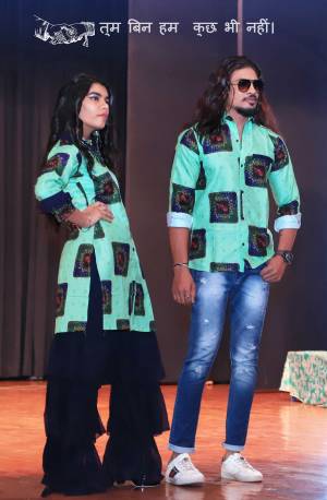 Grab This Special Combo Of Men And Women In Sea Green And Navy Blue Color Which Is Fully Stitched And Available In All Regular Sizes. In This Combo You will Be Getting A Kurti And Sharara With Matching Men's Wear Shirt. All Three Pieces Are Cotton Based Which Is Light Weight, Durable And Easy To Carry Throughout The Gala. Buy Now.