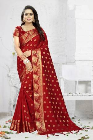 Celebrate This Festive Season Wearing This Designer Silk Based Saree In Red Color. This Saree And Blouse Are Fabricated On Banarasi Art Silk Beautified With Weave. It Is Light Weight, Durable And Easy To Carry All Day Long. Buy Now.