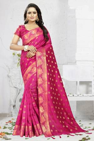 Celebrate This Festive Season Wearing This Designer Silk Based Saree In Rani Pink Color. This Saree And Blouse Are Fabricated On Banarasi Art Silk Beautified With Weave. It Is Light Weight, Durable And Easy To Carry All Day Long. Buy Now.