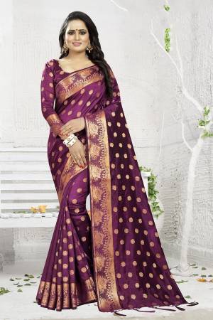 Celebrate This Festive Season Wearing This Designer Silk Based Saree In Wine Color. This Saree And Blouse Are Fabricated On Banarasi Art Silk Beautified With Weave. It Is Light Weight, Durable And Easy To Carry All Day Long. Buy Now.