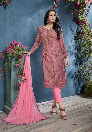 Look Pretty In Wearing This Lovely Semi-Stitched Suit In Pink Color. Its Top IS Fabricated On Cotton Beautified With Prints And Tone To Tone Resham Work Paired With Santoon Bottom And Chiffon fabricated Dupatta. Buy Now.