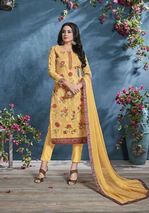Celebrate This Festive Season With beauty And Comfort Wearing This Designer Straight Suit In Yellow Color. This Suit Is Cotton Based Paired With Cotton bottom And Chiffon Fabricated Dupatta. Buy  Now.