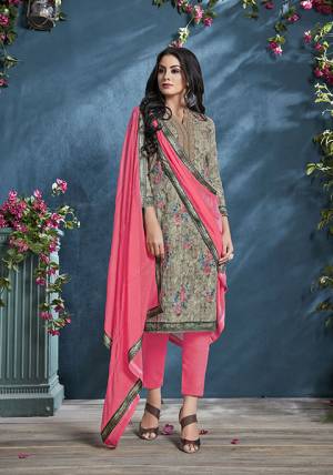 Celebrate This Festive Season With beauty And Comfort Wearing This Designer Straight Suit In Olive Green Colored Top Paired With Pink Colored Bottom And Dupatta. This Suit Is Cotton Based Paired With Cotton bottom And Chiffon Fabricated Dupatta. Buy  Now.