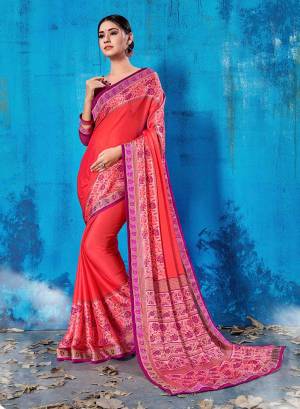 Add This Lovely Printed Saree To Your Wardrobe In Pink Color Paired With Purple Colored Blouse. This Saree And Blouse Are Soft Silk Based Which Is Durable And Gives A Rich Look To Your Personality. Buy Now.
