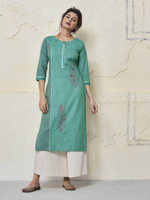Grab This Designer Readymade Kurti In Turquoise Blue Color Fabricated On Cotton Beautified With Contrasting Thread Work. You Can Pair This Up Leggings, Pants Or Plazzo. Also It Is Available In All Regular Sizes. Buy Now.