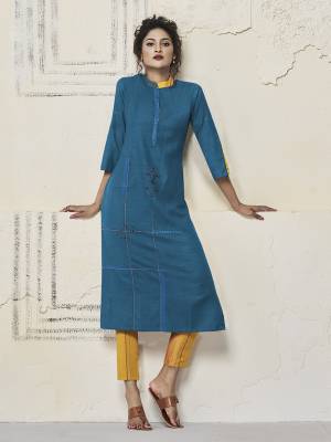 Here Is A Very Pretty Designer Readymade Straight Kurti In Blue Color Fabricated On Rayon. It Is Beautified With Elegant Thread Work And You Can Pair This Up With Same Or Contrasting Colored Bottom. 