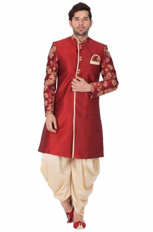 This Festive And Wedding Season Adorn A Proper Traditional Look Wearing?This Designer Readymade Sherwani With Bottom Which Is Cotton Silk Based. Its Fabric Has Rich Feel And Light In Weight, Also It Is Available In All Sizes. Choose As Per Your Desired Fit And Comfort. Buy Now.