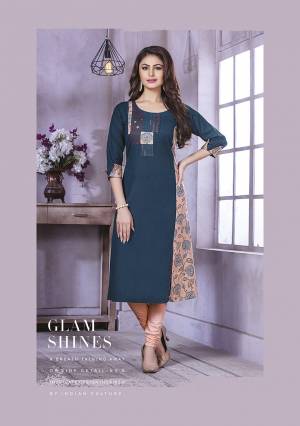 Here Is A Pretty Kurti For Your Semi-Casuals In Dark Blue Color Fabricated On Cotton. It Is Beautified With Printed patches And Thread Work And Available In All Regular Sizes. 