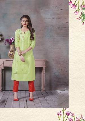 For Your Semi-Casuals, Grab This Readymade Kurti In Light Green Color. This Kurti Is Fabricated On Cotton Silk Beautified With Prints And Thread Work. It Is Light In Weight And Easy To Carry All Day Long. 