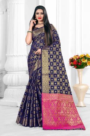 Go With The Pretty Shades With This Designer Checks Patterned Saree In Navy Blue Color. This Saree Is Banarasi Art Silk Based Paired With Art Silk Fabricated Blouse. Buy Now