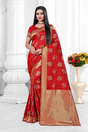 Here Is A Beautiful Designer Silk Based Saree In Red Color. This Pretty Floral Patterned Saree Is Fabricated On Banarasi Art Silk Paired With Art Silk Fabricated Blouse. Buy This Saree Now.