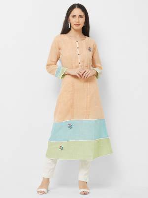 For Your Semi-Casual Wear, Grab This Readymade Kurti In Beige Color Fabricated On Linen. This Kurti Is Light Weight, Durable And Easy To Carry All Day Long. 