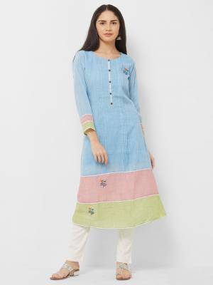 Add Some Casual Or Semi-Casual Wear To Your Wardrobe With This Readymade Kurti In Nsly Blue Color Fabricated On Linen. It Is Light In Weight And Easy To Carry All day Long.