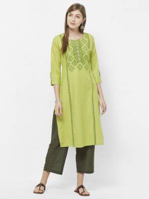Enhance Your Personality Wearing This Readymade Kurti In Green Color Fabricated On Cotton. You Can Pair This Up With Denim, Leggings Or Pants. 