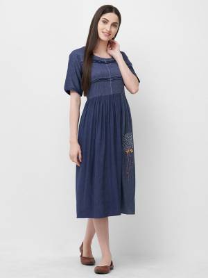 Grab This Pretty Readymade A-Line Patterned Kurti In Navy Blue Color Fabricated On Rayon. It Is Light Weight, Soft Towards Skin And Easy To Carry All Day Long.