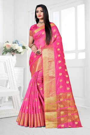Enhance Your Personality Wearing This Silk Based Saree In Pink Color. This Pretty Weaved Saree Is Fabricated On Cotton Silk Paired With Art Silk Fabricated Blouse. Buy Now.