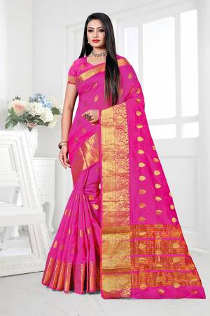 Enhance Your Personality Wearing This Silk Based Saree In Rani Pink Color. This Pretty Weaved Saree Is Fabricated On Cotton Silk Paired With Art Silk Fabricated Blouse. Buy Now.