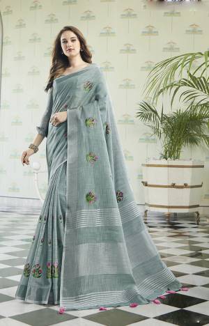 You Will Definitely Earn Lots Of Compliments Wearing This Designer Saree In Steel Blue Color Fabricated On Rich Linen Cotton Fabric. This Pretty Saree Is Light Weight, Durable And Easy To Carry All Day Long. 