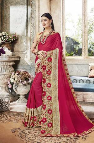 Look Beautiful Wearing This Designer Saree In Dark Pink Color. This Heavy Embroidered Saree Is Fabricated On Georgette Paired With Art Silk And Net Fabricated Blouse. Its Pretty Colors And Embroidery Will Earn You Lots Of Compliments From Onlookers. 