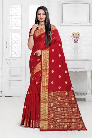 Celebrate This Festive Season Wearing This Designer Silk Based Saree In Red Color. This Saree Is Fabricated On Cotton Silk Paired with Art Silk Fabricated Blouse Beautified With Weave. It Is Light Weight, Durable And Easy To Carry All Day Long. Buy Now