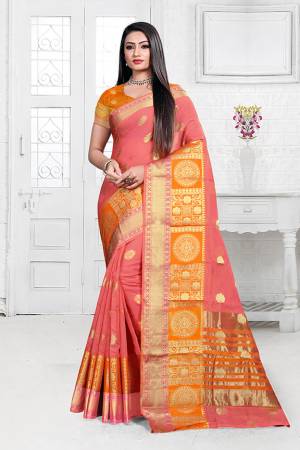 Celebrate This Festive Season Wearing This Designer Silk Based Saree In Pink Color. This Saree Is Fabricated On Cotton Silk Paired with Art Silk Fabricated Blouse Beautified With Weave. It Is Light Weight, Durable And Easy To Carry All Day Long. Buy Now
