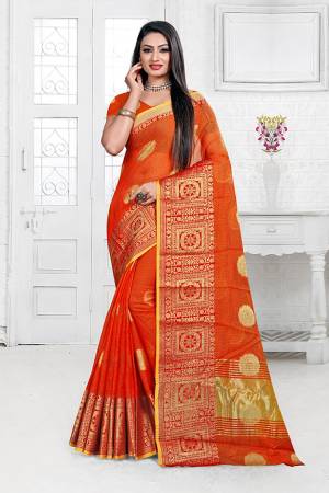 Celebrate This Festive Season Wearing This Designer Silk Based Saree In Orange Color. This Saree Is Fabricated On Cotton Silk Paired with Art Silk Fabricated Blouse Beautified With Weave. It Is Light Weight, Durable And Easy To Carry All Day Long. Buy Now