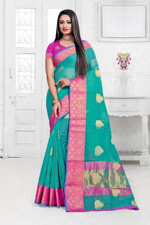 Celebrate This Festive Season Wearing This Designer Silk Based Saree In Sky Blue Color. This Saree Is Fabricated On Cotton Silk Paired with Art Silk Fabricated Blouse Beautified With Weave. It Is Light Weight, Durable And Easy To Carry All Day Long. Buy Now