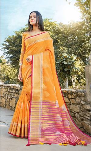 Celebrate This Festive Season With Beauty And Comfort Wearing This Pretty Saree In Musturd Yellow Color. This Saree And Blouse are Fabricated On Linen Cotton Which Gives A Rich Look To Your Personality. 