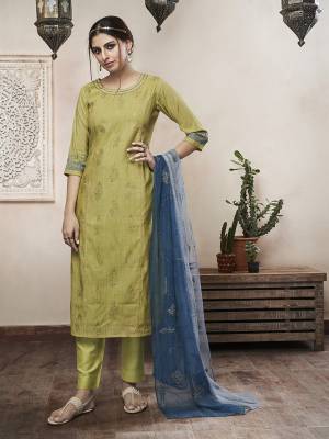 Celebrate This Festive Season Wearing This Designer Readymade Suit In Olive Green Color Paired With Contrasting Blue Colored Dupatta. Its Top and Pant Are Fabricated On Cotton Satin Paired With Super Net Fabricated Dupatta. Buy Now.
