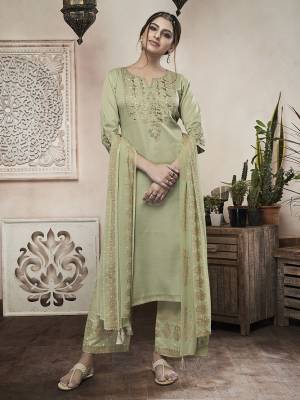 Flaunt Your Rich And Elegant Taste Wearing This Designer Readymade Straight Suit In All Over Pastel Green Color. Its Top And Bottom are Saton Based Paired With Chiffon Fabricated Dupatta. 