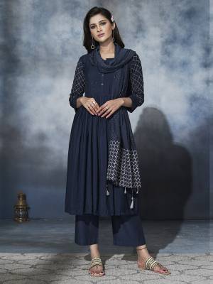 Enhance Your Personality Wearing This Designer Readymade Suit In Navy Blue. Its Top And Dupatta Are Muslin Based Paired With Satin Fabricated Bottom. Its Elegant color And Rich Fabric Will Definitely Earn You Lots Of Compliments From Onlookers. 