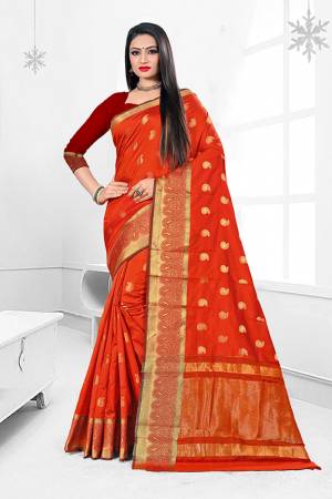 For A Proper Traditional Look With Traditional Color Pallete, Grab?This Designer Saree In Orange Color. This Saree Is Fabricated On Banarasi Art Silk Beautified With Weave Paired With art Silk Fabricated Blouse.