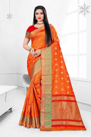 For A Proper Traditional Look With Traditional Color Pallete, Grab?This Designer Saree In Orange Color. This Saree Is Fabricated On Banarasi Art Silk Beautified With Weave Paired With art Silk Fabricated Blouse.