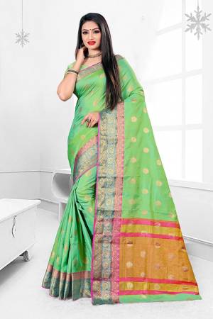 For A Proper Traditional Look With Traditional Color Pallete, Grab?This Designer Saree In Light Green Color. This Saree Is Fabricated On Banarasi Art Silk Beautified With Weave Paired With art Silk Fabricated Blouse.