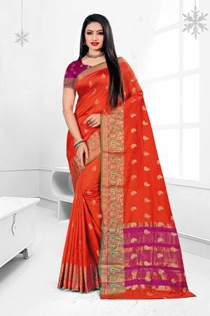 Here Is A Beautiful Designer Silk Based Saree In Orange Color. This Pretty Floral Patterned Saree Is Fabricated On Banarasi Art Silk Paired With Art Silk Fabricated Blouse. Buy This Saree Now.