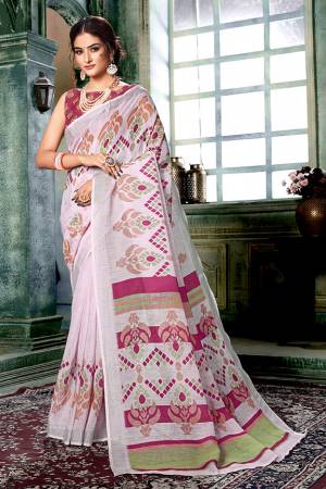 Flaunt Your Rich And Elegant Taste Wearing This Pretty Digital Printed Saree In Off-White And Multi Color Paired With Magenta Pink Colored Blouse. This Saree And Blouse Are Fabricated On Linen Cotton Which Gives A Rich Look To Your Personality. 