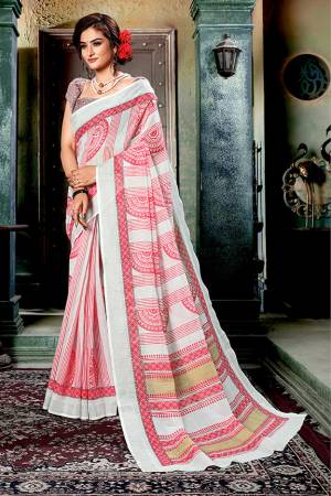 Flaunt Your Rich And Elegant Taste Wearing This Pretty Digital Printed Saree In Off-White And Multi Color Paired With Grey Colored Blouse. This Saree And Blouse Are Fabricated On Linen Cotton Which Gives A Rich Look To Your Personality. 