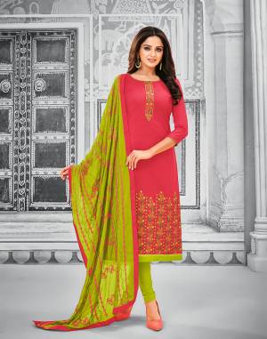 Rich And Elegant Looking Designer Dress Material Is Here For Your Semi-Casual Wear In Dark Pink Colored Top Paired With Parrot Green Colored Bottom And Dupatta. Its Top And Bottom Are Cotton Based Paired With Chiffon Fabricated Dupatta. Buy Now.