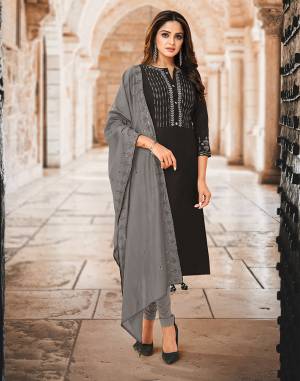 For A Bold And Beautiful Look, Grab This Heavy Designer Dress Material In Black colored top Paired With grey Colored Bottom And Dupatta. Its Top IS Fabricated on Soft cotton Paired with Santoon Bottom And Chanderi Silk Fabricated Heavy Embroidered Dupatta. 