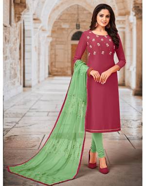 Look Pretty Wearing This Lovely Straight Suit In Magenta Pink Colored Top Paired With Contrasting Light Green Colored Bottom And Dupatta. Its top Is Chinon Silk Based Paired With Santoon Bottom And Chiffon Fabricated Dupatta. Buy Now.