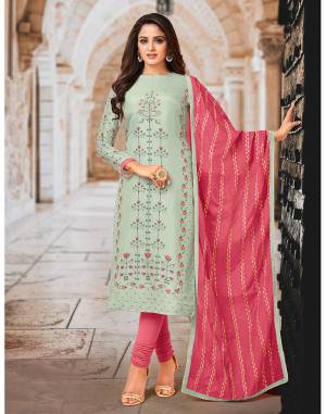 Pretty Shade Is Here To Add Into Your Wardrobe With This Designer Straight Suit In Pastel Blue Colored Top Paired with Pink Colored Bottom and dupatta. Its Digital Printed Top Is Muslin Based Paired With Santoon Bottom And Chanderi Silk Dupatta. 