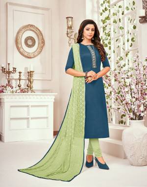 Look Pretty Wearing This Lovely Straight Suit In Blue Colored Top Paired With Contrasting Light Green Colored Bottom And Dupatta. Its top Is Chinon Silk Based Paired With Santoon Bottom And Chiffon Fabricated Dupatta. Buy Now.